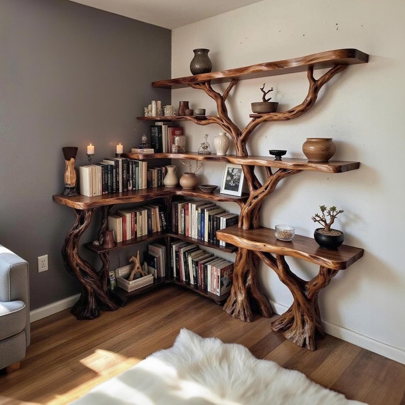 Aurenroot Corner Tree Branch Solid Wood Floating Bookshelf