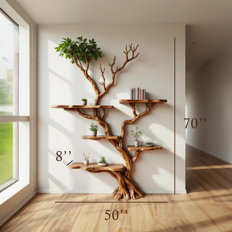 Solid Wood Driftwood Tree Branch Wall Mount Floating Shelf