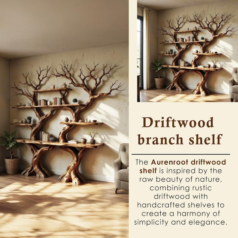 Solid Wood Tree Branch Bookshelf Driftwood Sculpture Art