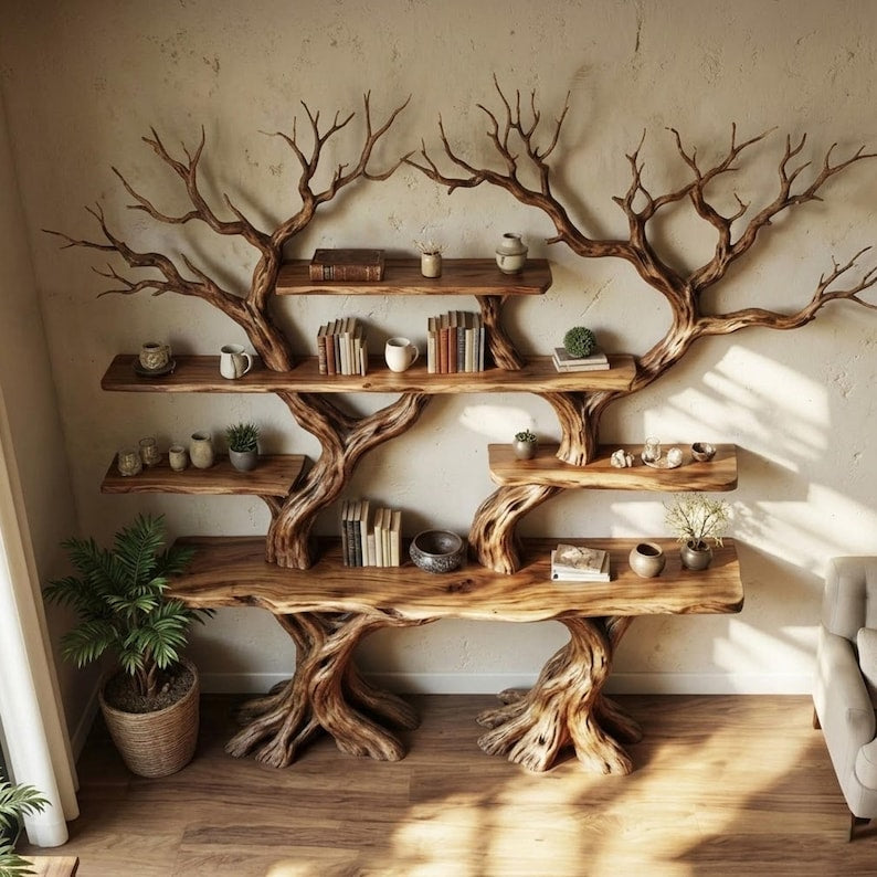 Solid Wood Tree Branch Bookshelf Driftwood Sculpture Art