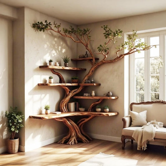 Aurenroot Corner Tree Branch Solid Wood Floating Bookshelf